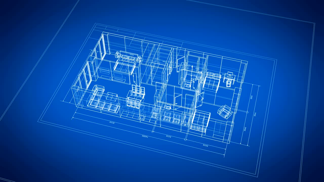 3d Blueprint of Abstract Apartments with Furniture Turning on Blue and White Seamless. Looped 3d Animation Grid Mesh. Construction Business Concept.