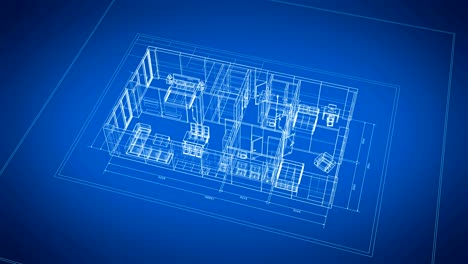 3d blueprint of abstract apartments with furniture turning on blue and white seamless. looped 3d animation grid mesh. construction business concept.