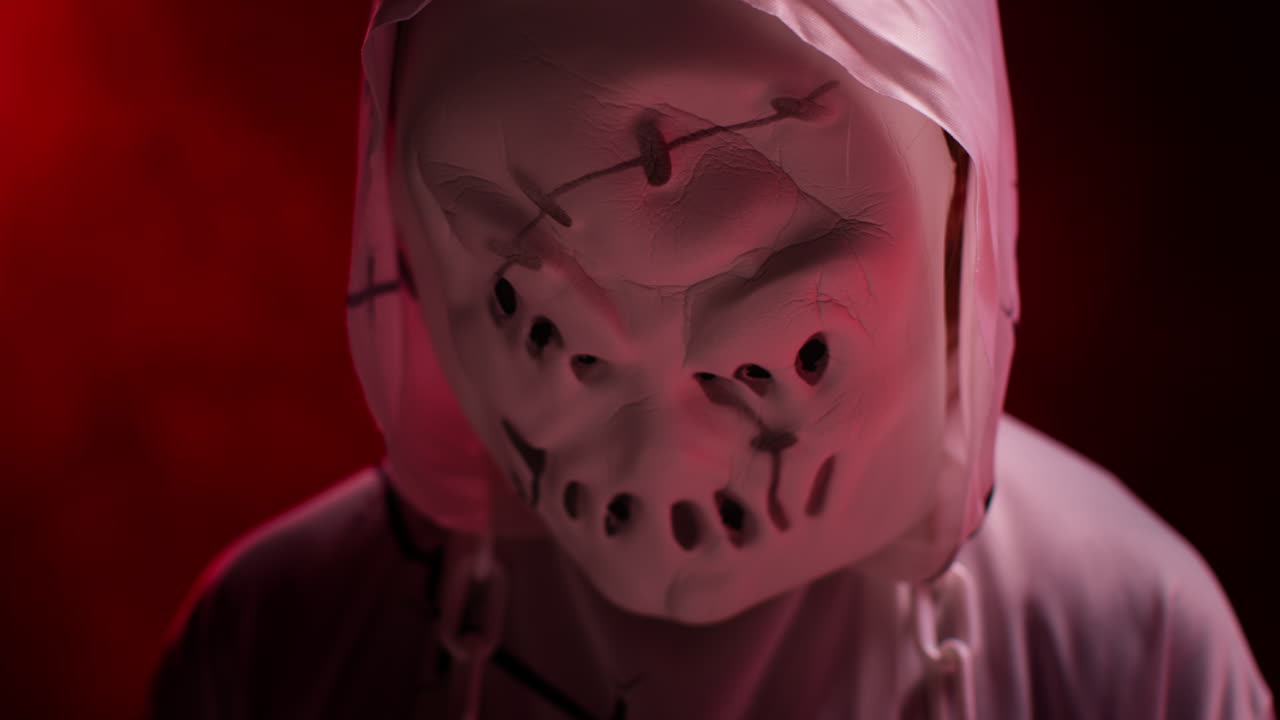 primer plano de un niño vestido de fantasma zombie monstruo disfraz de truco o trato en halloween asustando a la gente contra el fondo de humo rojo 2