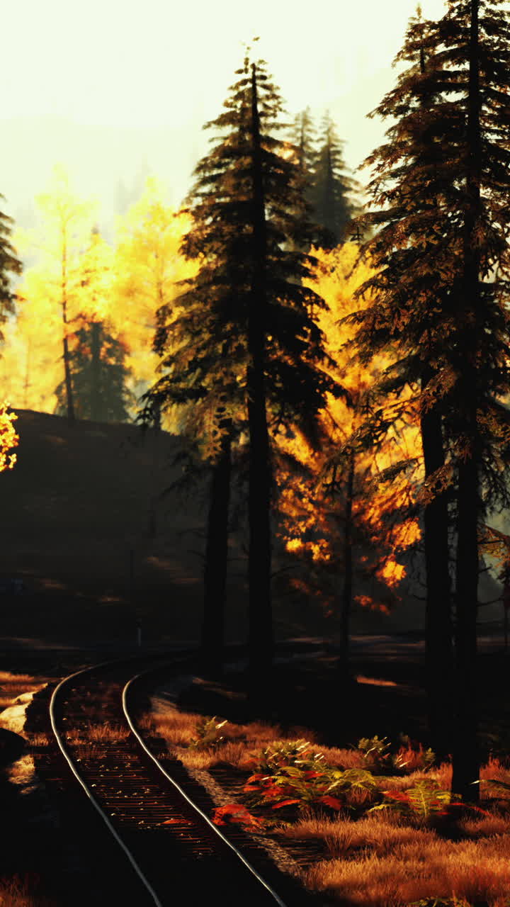 가을의 숲을 가로질러 휘어지는 열차 트랙