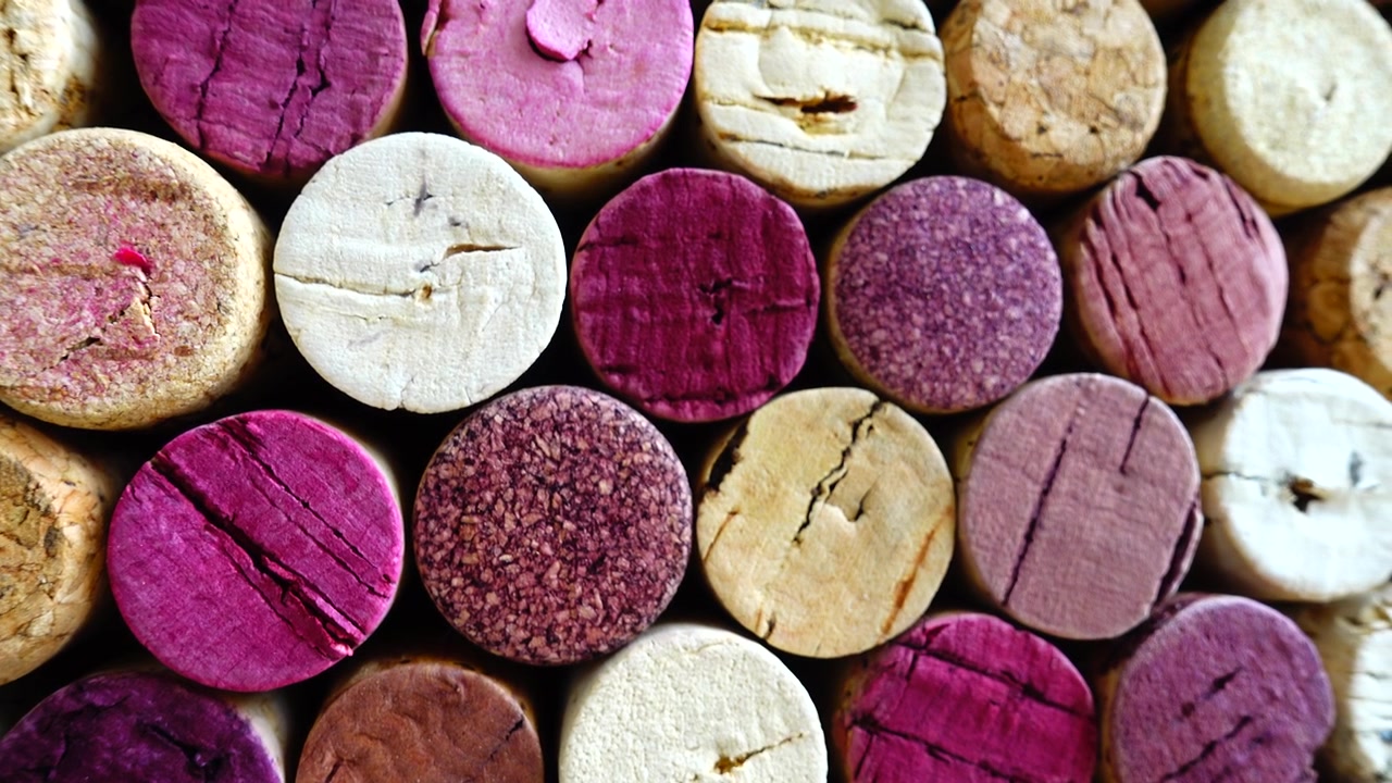 Sfondo di tappi di sughero di vino. Ripresa in movimento.