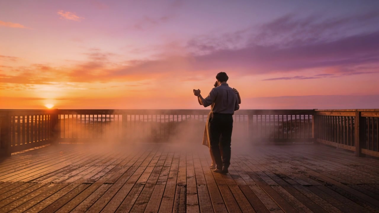 Coppia che balla, indossando un vestito e una camicia leggera, che ruota su un molo di legno mentre il sole tramonta e la nebbia si sposta.