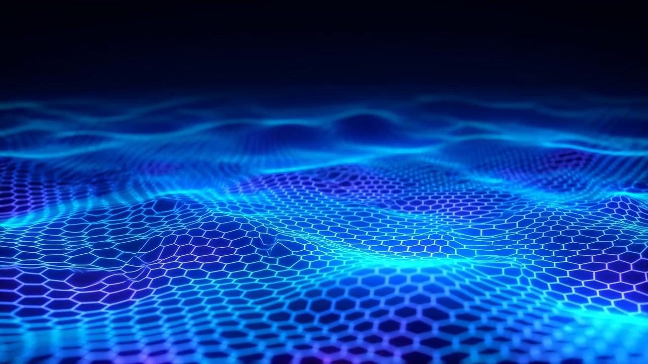 Low-angle panoramic scene of illuminated hexagonal mesh stretching across foreground and midground, with bright blue and cyan lines glowing along cell edges, layered waves, and deep dark horizon