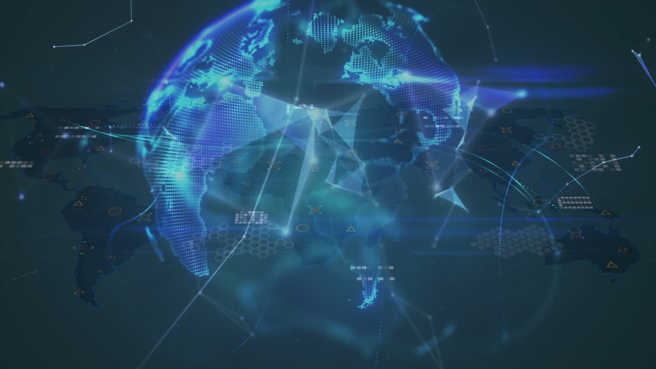 Animation of network of connections with globe over data processing on black background