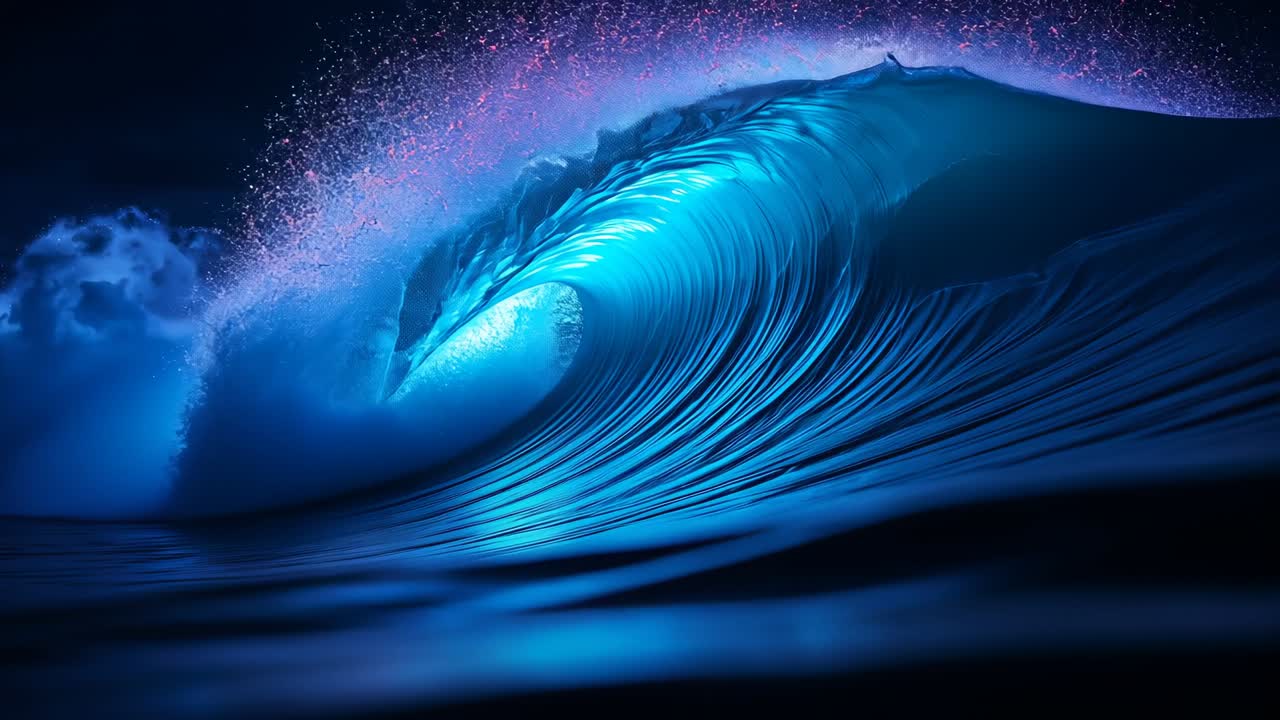 Rising navy swell forming barreling tube at night, driven by swell energy and sending purple spray