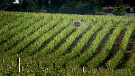 Un-Tractor-Rociando-Fungicida-Contra-Insectos,-En-La-Región-De-Monbazillac-En-Dordogne