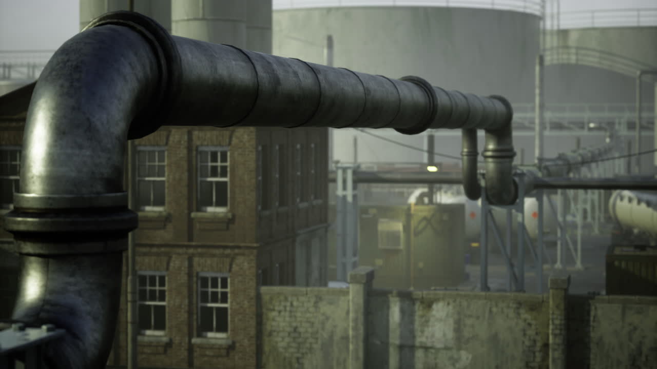 Pipes leading to industrial structures in foggy urban setting