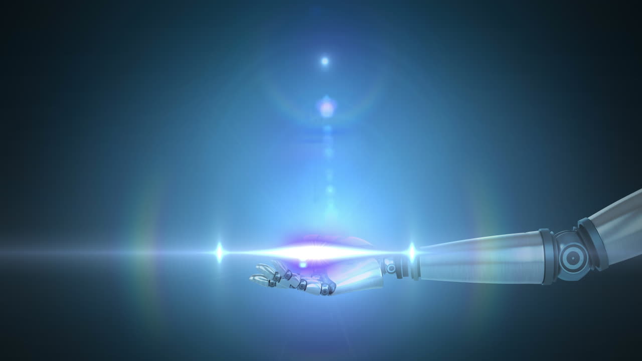 파란색 배경에 움직이는 빛과 로 ⁇  팔의 손 위에 있는 파란색 빛과 렌즈 플레어의 애니메이션