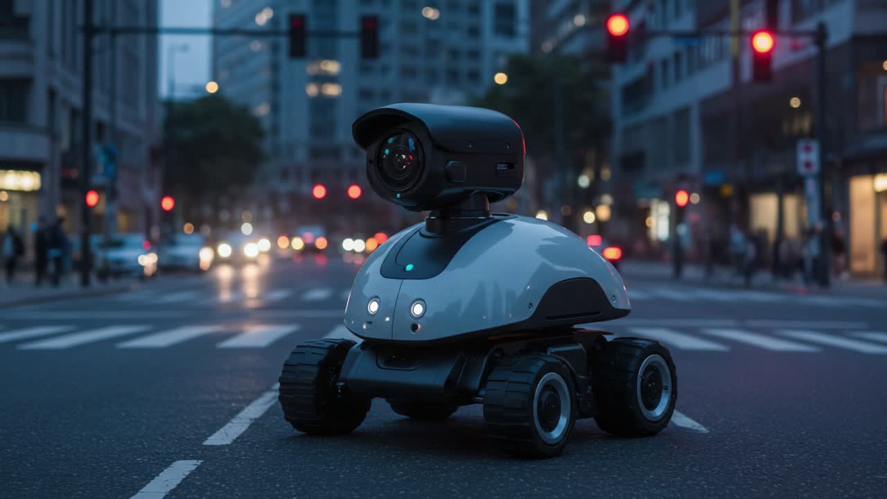 A Futuristic Surveillance Robot Navigates a Busy Urban Intersection at Dusk, Highlighting Advanced Technology in Smart City Infrastructure and Autonomous Mobility Solutions