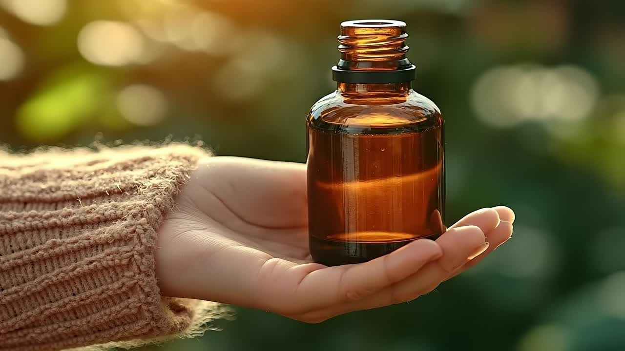 A person holding a bottle of essential oil in their hand