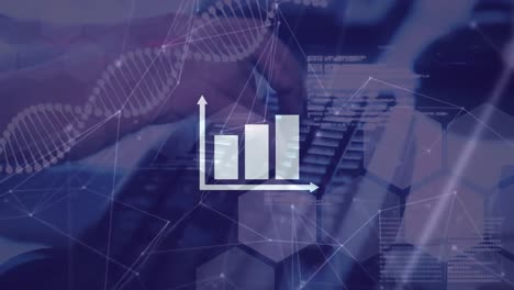 Animation-of-graph-icon-with-dna-and-network-of-connections-over-hands-typing-on-computer