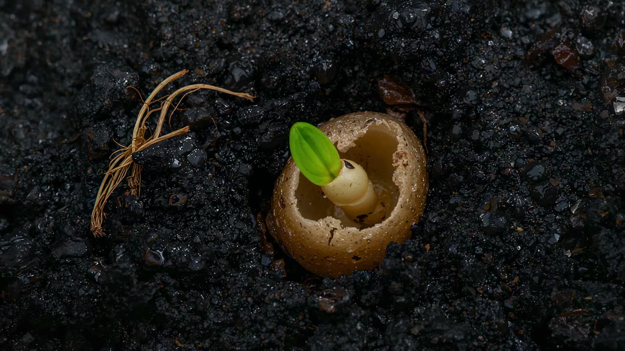 Sprouting pale seedling pushing upward in moist humus after watering, split seed shell visible
