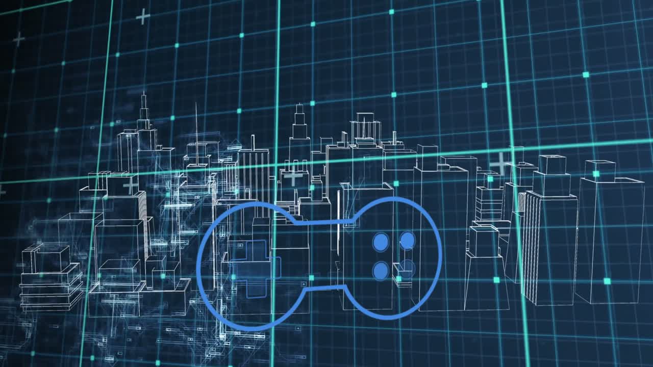 디지털 도시 풍경 위의 게임패드 아이콘의 애니메이션