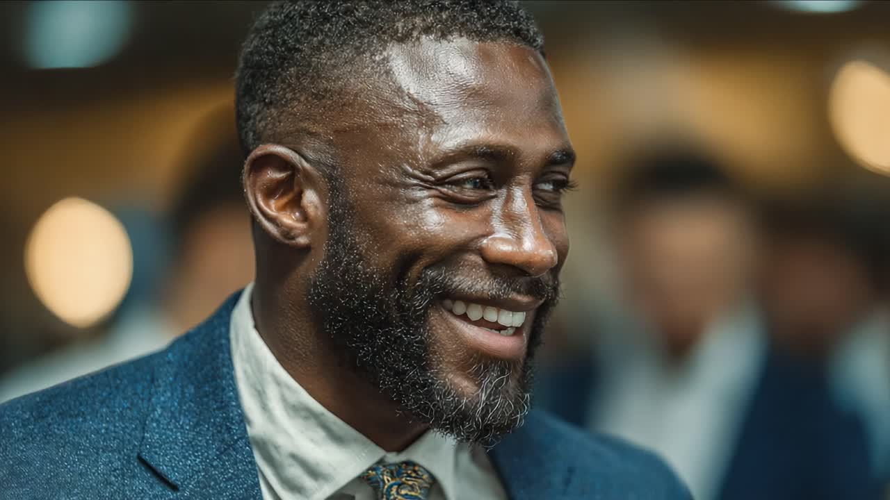 A Confident Man Smiling in a Suit, Exuding Charm and Charisma, with a Bright Background of Blurred Figures, Capturing a Moment of Elegance and Style