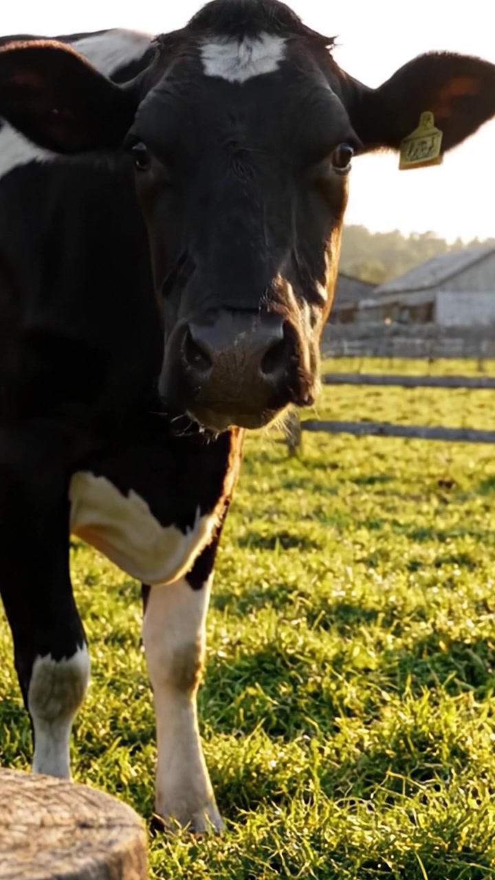 Un encuentro cercano con la naturaleza: momentos cautivadores con una vaca curiosa en un exuberante pasto verde al atardecer.