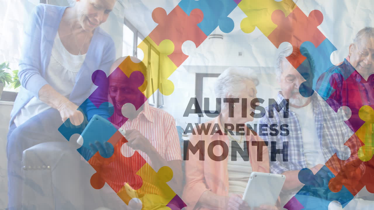 다채로운 퍼즐 조각과 자폐증 텍스트의 애니메이션이 전자 장치를 사용하는 고령 친구들 위에