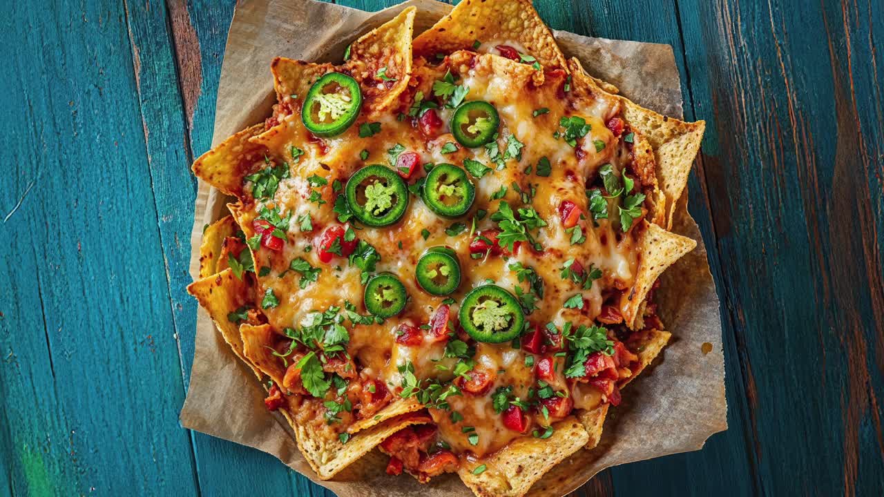 nachos con queso, jalapeno, tomates y cilantro
