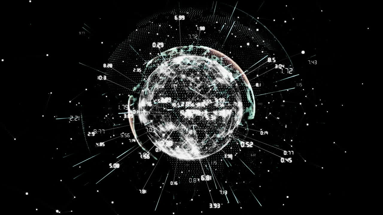 Rotating globe with data points and numbers, global network animation