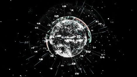 rotating globe with data points and numbers, global network animation