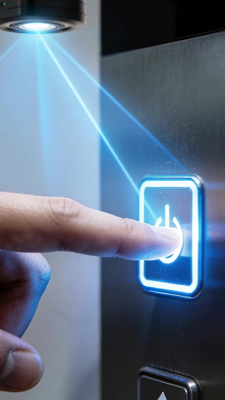 Video verticale: Dito indice che preme in raggi blu accendendo un tasto di accensione illuminato sul pannello per alimentare l'unità.