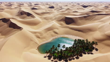 aerial view of a desert oasis with sand dunes and palm trees