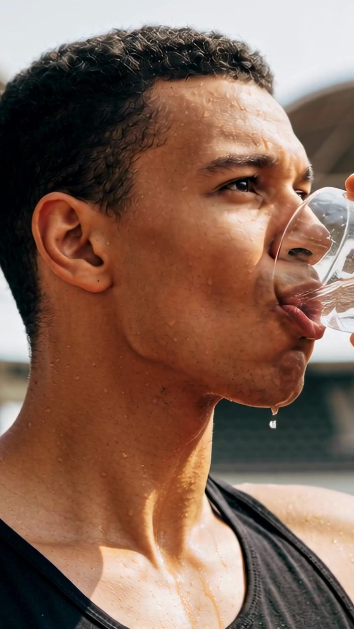 Vertical video: After sprint, athlete in black tank top lifting glass on track, sipping water