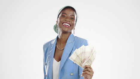 Bargeld,-Geld-Und-Glückliche-Afrikanische-Frau-Isoliert