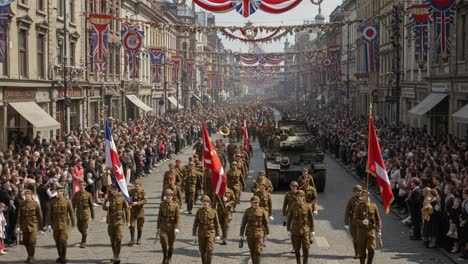an elaborate military parade showcasing troops marching in unity down a celebratory street decorated with flags and enthusiastic crowds cheering from the sidewalks