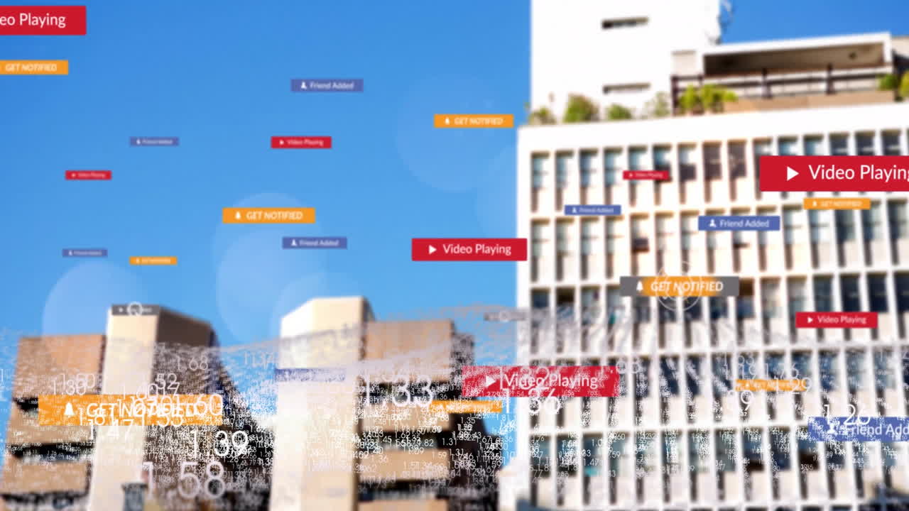 Digital notifications and data animations overlaying urban buildings against blue sky