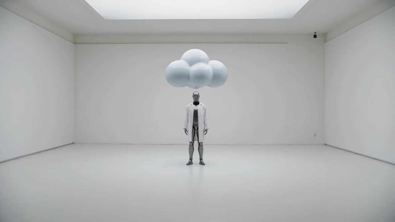 Drifting cloud cluster bobbing above humanoid robot in white coat in gallery under skylight breeze