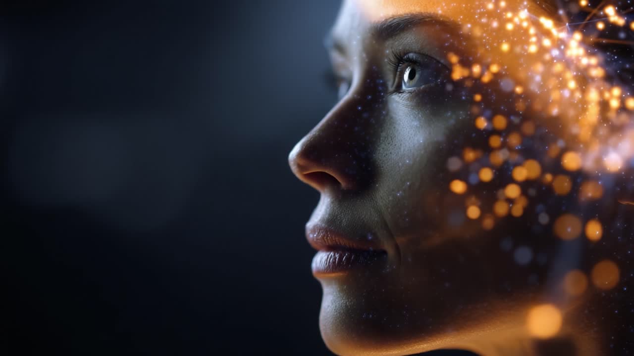 Un'esplorazione intensa dell'espressione umana e delle emozioni attraverso l'affascinante ritratto di una giovane donna con illuminazione enigmatica e dettagli scintillanti