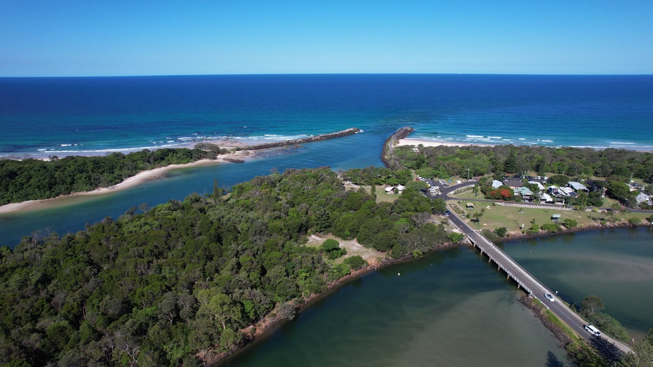 Aerial view of the Brunswick River mouth at Brunswick Heads, New South Wales, Australia - drone shot