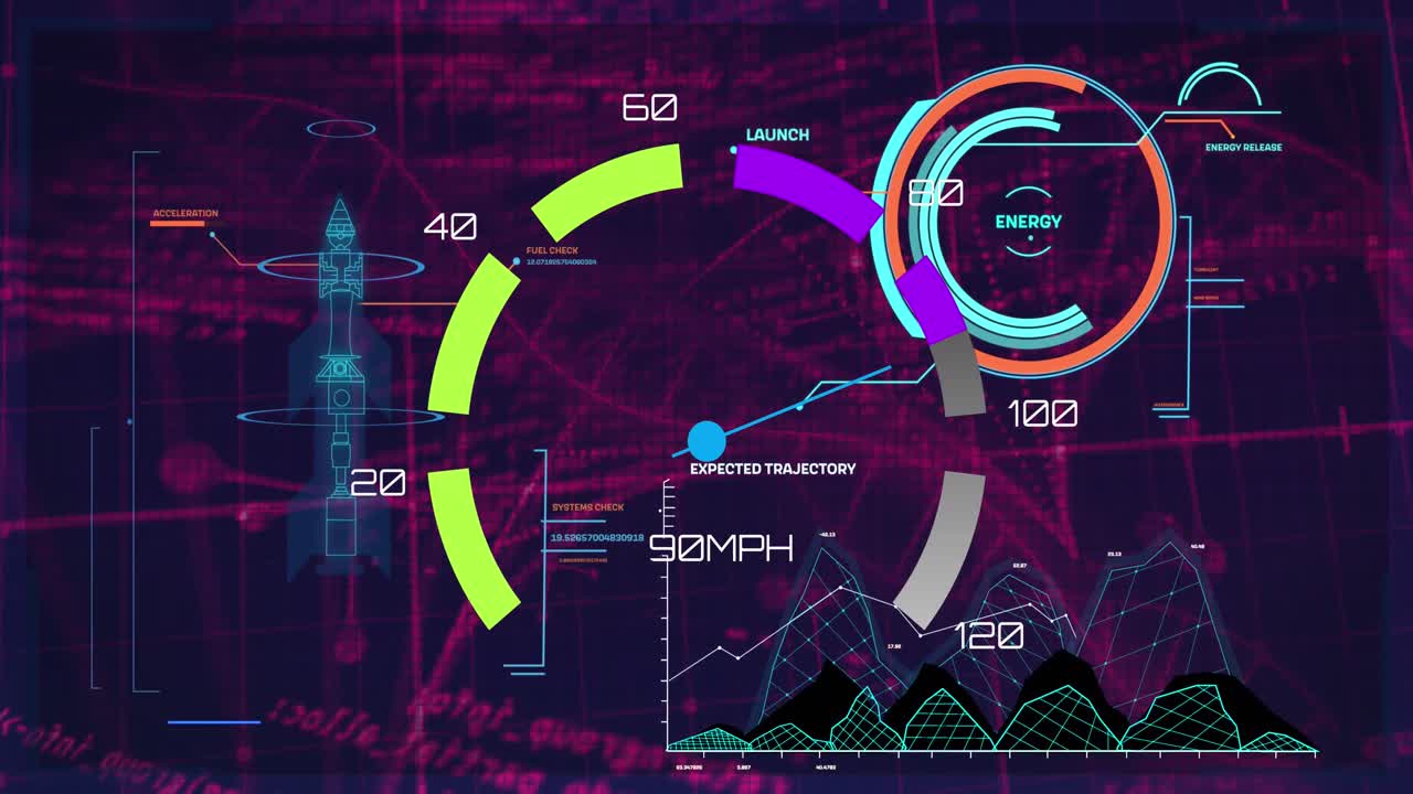 animación del procesamiento de datos y el esquema del cohete sobre un fondo negro
