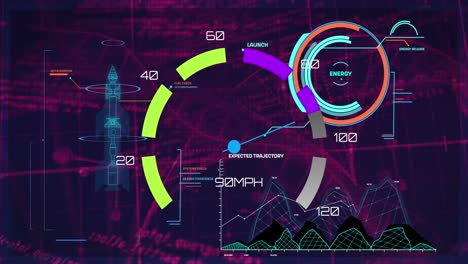 Animation-of-data-processing-and-rocket-schema-over-black-background