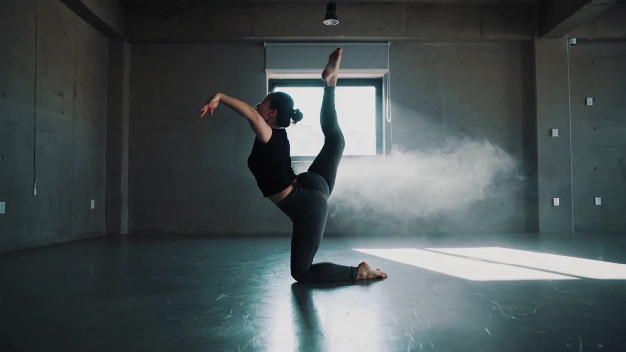 Rolling dancer in black crop top dark leggings moving to kneel in window-lit dance-studio with haze