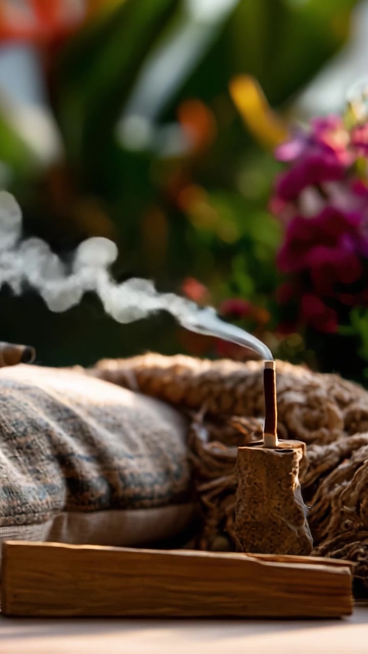 Yastık ve Dokularla Estetik Bir Ortamda Zarifçe Yükselen Tütsü Dumanının Büyüleyici Natürmortu, Sakin ve Huzurlu Bir Atmosfer Yaratıyor