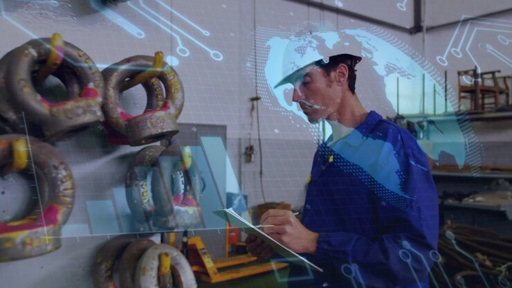 Video verticale: Ispettore di impianto che tocca gli anelli, annotando il registro in officina, ologramma blu che guida il controllo di sicurezza