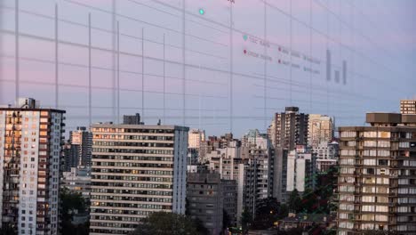 Animation-of-multiple-graphs-and-trading-boards-over-modern-city-against-clear-sky