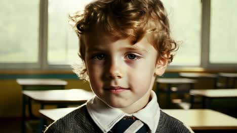 a young boy in a school uniform looking at the camera