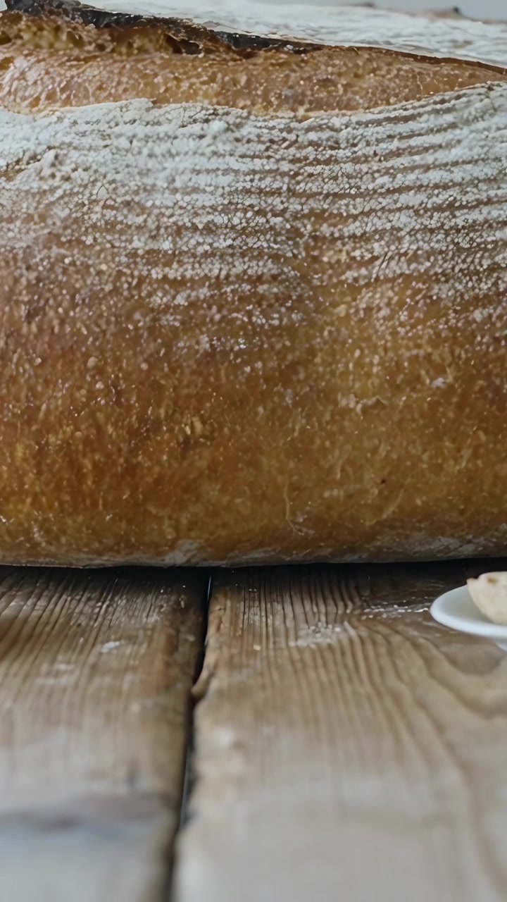 Video verticale: Telecamera che rifocalizza rivelando una pagnotta rustica su un tavolo di legno con piattino, enfatizzando la crosta.