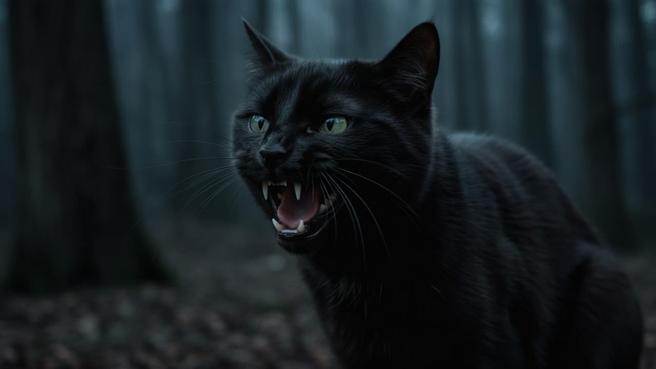 Intense Encounter with a Growling Black Cat Predominating a Mysterious Forest Setting, Eliciting a Sense of Fear and Intrigue in the Shadows of Nature