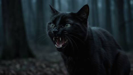 intense encounter with a growling black cat predominating a mysterious forest setting, eliciting a sense of fear and intrigue in the shadows of nature