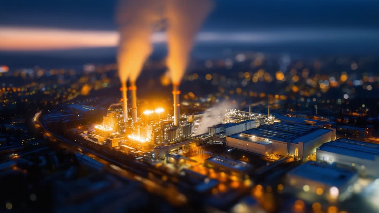 Aerial view of a large industrial facility at dusk, showcasing smoke-stacks emitting steam and glowing factory lights against a twilight cityscape background