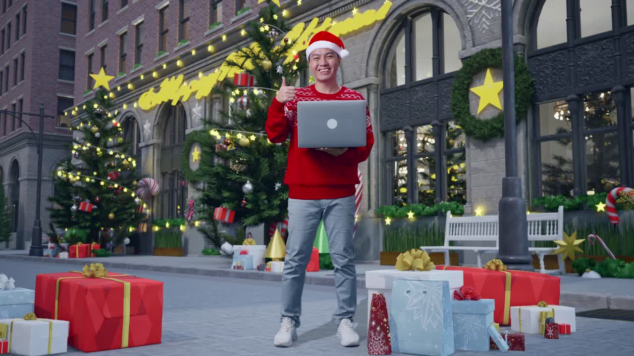 hombre con laptop en la calle de navidad