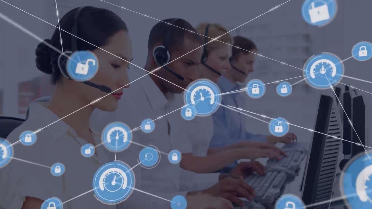 animación de la red de conexión con iconos sobre personas de negocios que usan auriculares de teléfono