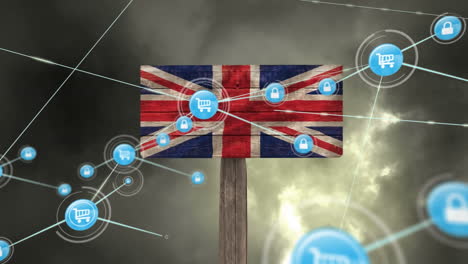 animation of network of connections over flag of uk