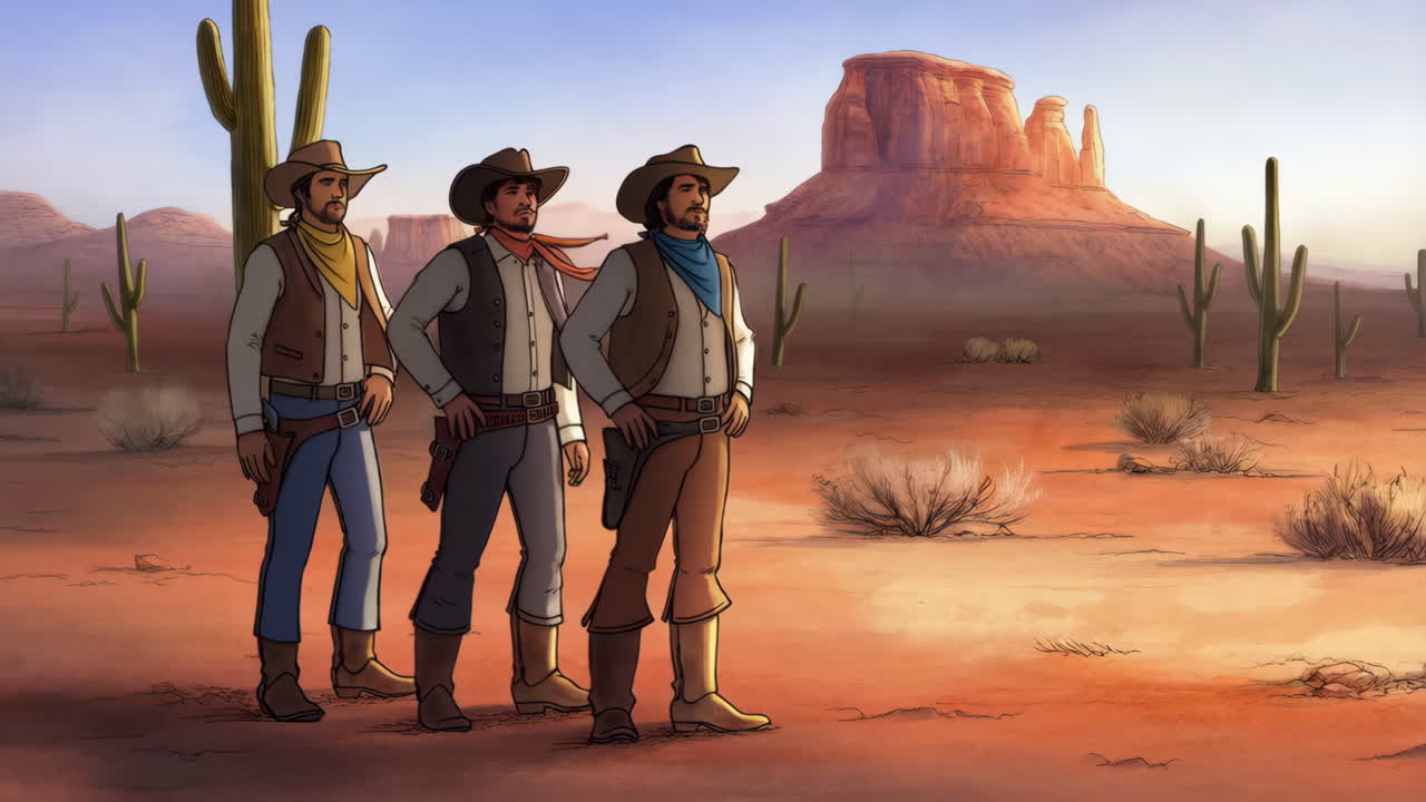 Cartoon cowboys in the desert