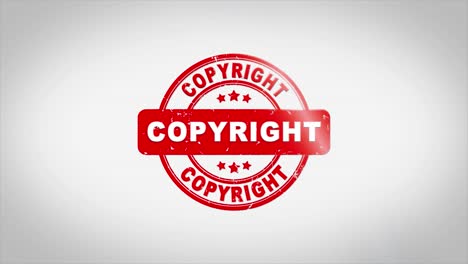 copyright signed stamping text wooden stamp animation red ink on clean white paper surface