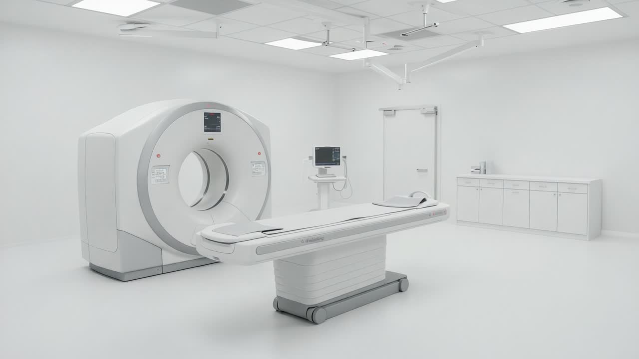 A Modern Medical Imaging Room Featuring a State-of-the-Art CT Scanner and Examination Table, Designed to Provide Efficient Diagnostic Services in a Clean Environment