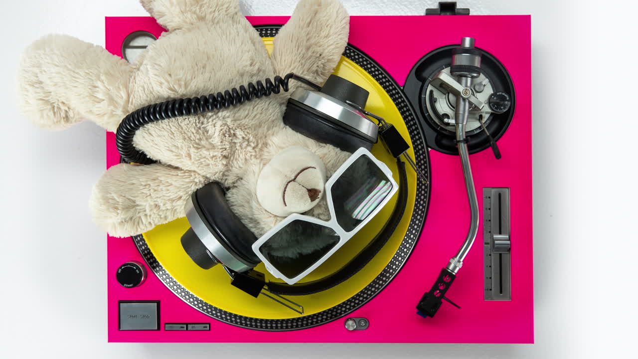 dj oso de peluche con el tocadiscos